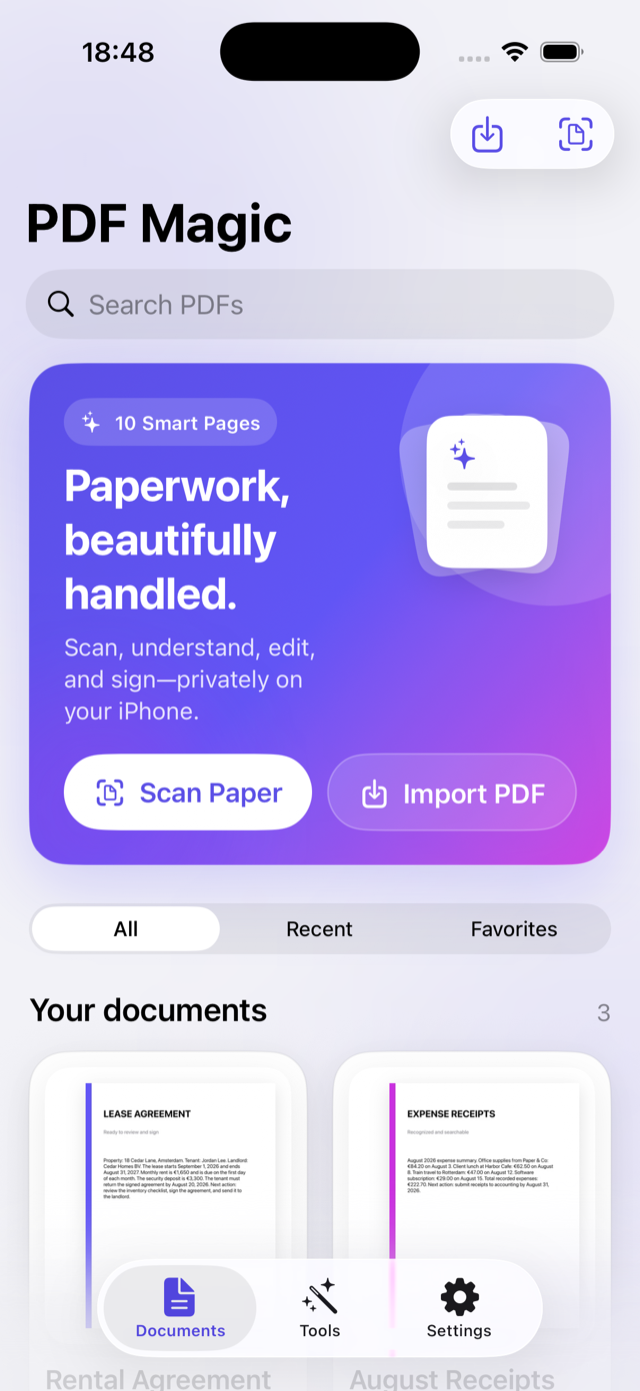PDF Magic Pro library showing searchable documents and folders
