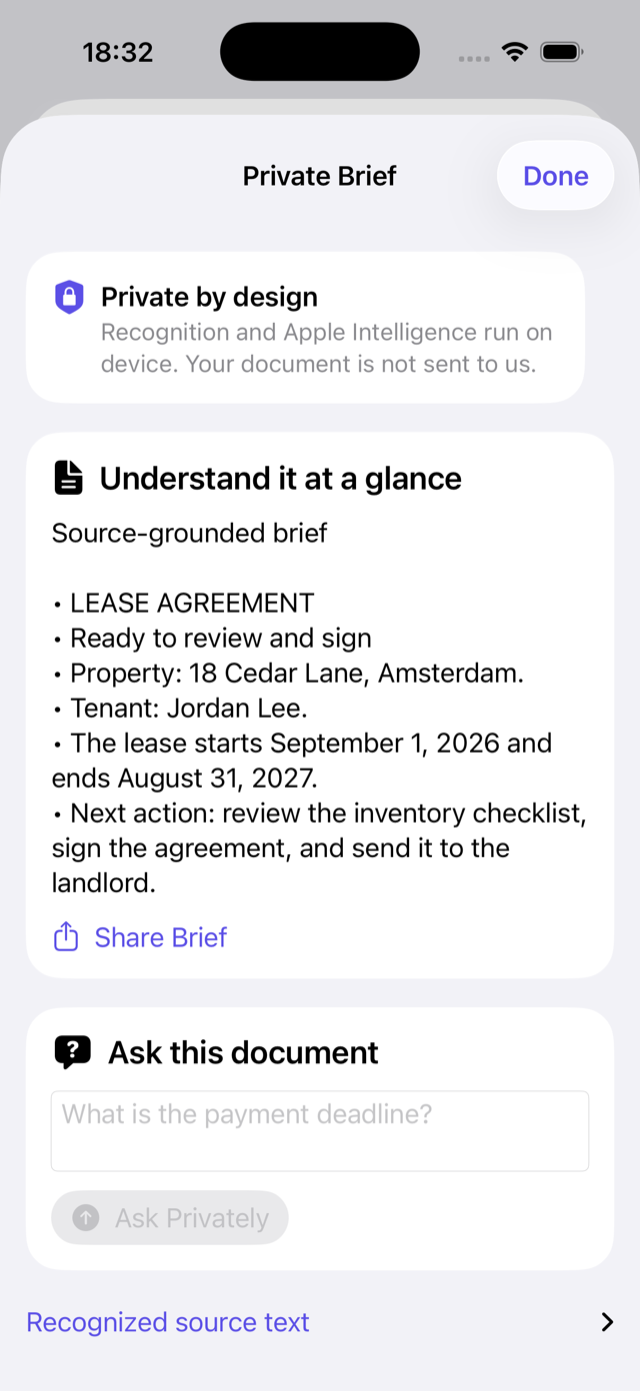 A private document brief with source-grounded answers